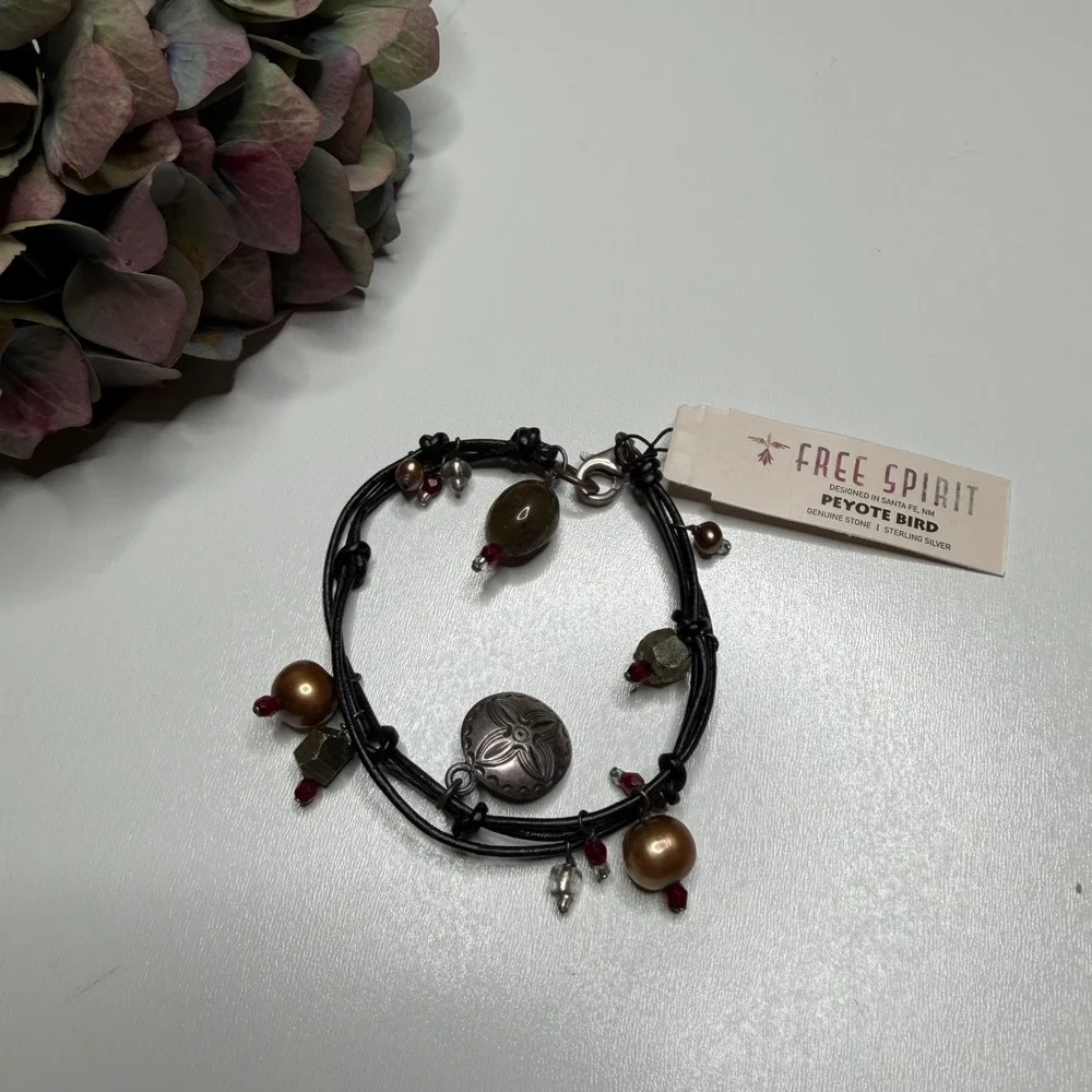 PEYOTE BIRD Free Spirit Bracelet Black Leather Sterling Silver Women's OS NEW